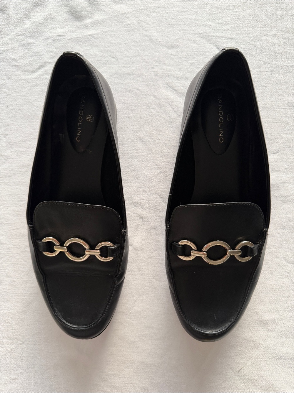 Bandolino Black Leather Loafers with Gold Chain Accent
